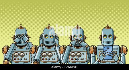 robot with telephone, Internet addiction concept. not see hear say. Pop art retro vector illustration vintage kitsch Stock Vector