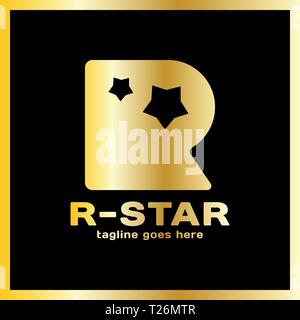Round Letter R Two Star Logo. Luxury, royal metal gold Stock Vector