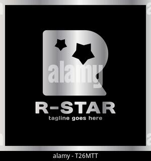 Round Letter R Two Star Logo. Luxury, royal metal silver Stock Vector