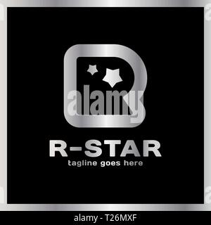 Round Letter R Two Star Logo. Luxury, royal metal silver Stock Vector
