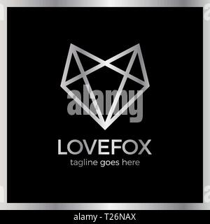 Love Fox Head Logo. Line Fox Heart. Luxury, royal metal silver Stock Vector