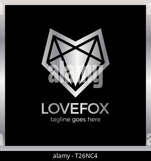 Love Fox Head Logo. Line Fox Heart. Luxury, royal metal silver Stock Vector