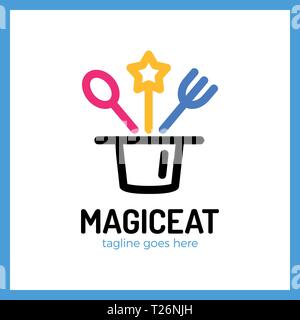 Magic Eat Logo. Spoon, fork, star, surprise, logotype Stock Vector
