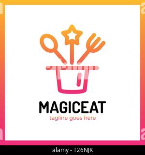 Magic Eat Logo. Spoon, fork, star, surprise, logotype Stock Vector
