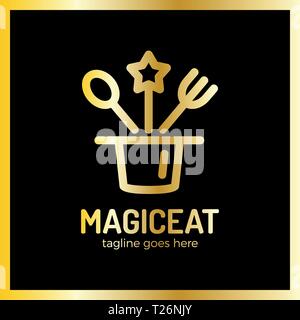 Magic Eat Logo. Spoon, fork, star, surprise, logotype. Luxury, royal metal gold Stock Vector