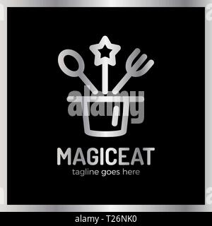 Magic Eat Logo. Spoon, fork, star, surprise, logotype. Luxury, royal metal silver Stock Vector