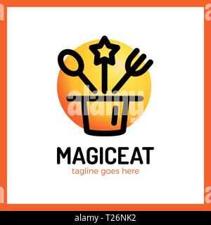 Magic Eat Logo. Spoon, fork, star, surprise, logotype Stock Vector