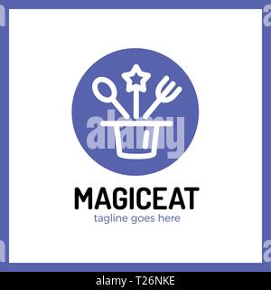 Magic Eat Logo. Spoon, fork, star, surprise, logotype Stock Vector