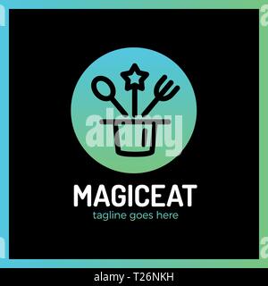 Magic Eat Logo. Spoon, fork, star, surprise, logotype Stock Vector