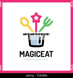 Magic Eat Logo. Spoon, fork, star, surprise, logotype Stock Vector