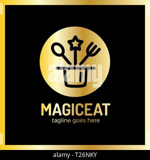 Magic Eat Logo. Spoon, fork, star, surprise, logotype. Luxury, royal metal gold Stock Vector