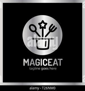 Magic Eat Logo. Spoon, fork, star, surprise, logotype. Luxury, royal metal silver Stock Vector