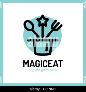 Magic Eat Logo. Spoon, fork, star, surprise, logotype Stock Vector