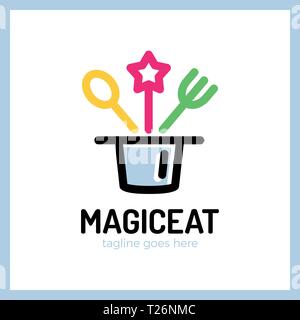 Magic Eat Logo. Spoon, fork, star, surprise, logotype Stock Vector