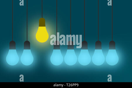 Idea concept with light bulbs on blue background, 3D rendering Stock Photo