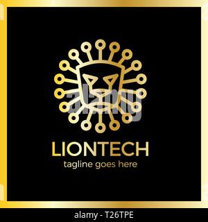 Sun Lion Line Tech Logo. Luxury, royal metal gold Stock Vector