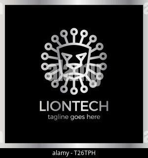 Sun Lion Line Tech Logo. Luxury, royal metal silver Stock Vector