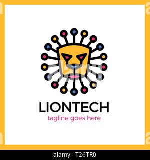 Sun Lion Line Tech Logo. Stock Vector