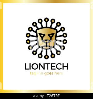 Sun Lion Line Tech Logo. Luxury, royal metal gold Stock Vector