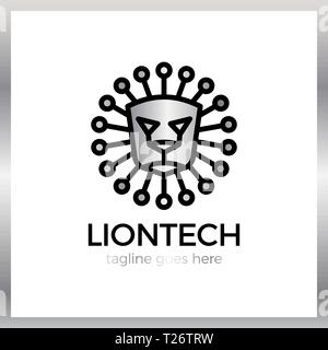 Sun Lion Line Tech Logo. Luxury, royal metal silver Stock Vector