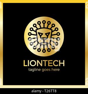 Sun Lion Line Tech Logo. Luxury, royal metal gold Stock Vector