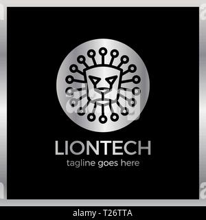 Sun Lion Line Tech Logo. Luxury, royal metal silver Stock Vector