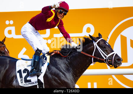 Meydan, Dubai, USA. 30th Mar, 2019. DUBAI, UNITED ARAB EMIRATES-MARCH 30: Coal Front, ridden by Jose Ortiz, wins the Godolphin Mile at Meydan Racecourse on March 30, 2019 in Dubai, United Arab Emirates. Credit: Cal Sport Media/Alamy Live News Credit: Cal Sport Media/Alamy Live News Stock Photo