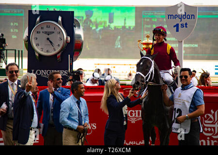 Meydan, Dubai, USA. 30th Mar, 2019. DUBAI, UNITED ARAB EMIRATES-MARCH 30: Coal Front, ridden by Jose Ortiz, wins the Godolphin Mile at Meydan Racecourse on March 30, 2019 in Dubai, United Arab Emirates. Credit: Cal Sport Media/Alamy Live News Credit: Cal Sport Media/Alamy Live News Stock Photo