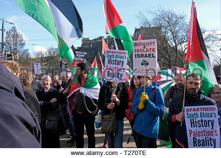 Edinburgh, Scotland, UK. 30th March 2019.  Gathering in Castle Street before marching to Bute House, Charlotte Square, official residence of the First Minister.  Demonstration of solidarity with the Palestinian people on 30th March, Land Day, which also marks one year since the start of the Gaza Great March of Return. On Land Day in 2018, Palestinians in Gaza began their Great March of Return calling for the lifting of Israel’s 11-year illegal blockade on Gaza and for the right of Palestinian refugees to return to their villages and towns. Credit: Craig Brown/Alamy Live News Stock Photo