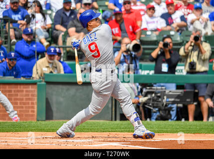 Mar 31, 2019: Chicago Cubs shortstop Javier Baez #9 jersey with the Chicago  Cubs logo at first base during an MLB game between the Chicago Cubs and the  Texas Rangers at Globe