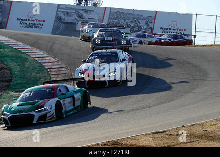 Laguna Seca Raceway, Monterey, USA. 30th March, 2019 WeatherTech Laguna Seca Raceway, Monterey, CA., USA  Action during the early styages of  the Intercontinental GT Challenge Series, 8 hour race at the USA's most iconic racetrack Stock Photo