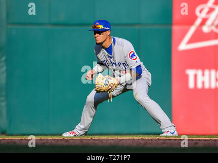 Mar 31, 2019: Chicago Cubs shortstop Javier Baez #9 jersey with the Chicago  Cubs logo at first base during an MLB game between the Chicago Cubs and the  Texas Rangers at Globe