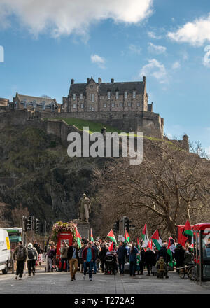 Edinburgh, Scotland, UK. 30th March 2019. Palestine protesters gather at the of Princes street to protest for the rights of Palestinian people in Gaza. They marched to Bute House which is the residence of Scotland's First Minister, Nicola Sturgeon. To give her a letter about this situation in Gaza. Stock Photo