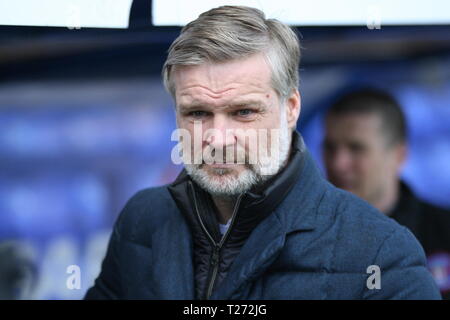 Birkenhead, Wirral, UK. 30th March, 2019. Carlisle United manager Steven Pressley in the dugout ahead of the EFL League Two match between Tranmere Rovers and Carlisle United at Prenton Park which Tranmere Rovers won 3-0. Stock Photo
