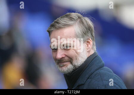 Birkenhead, Wirral, UK. 30th March, 2019. Carlisle United manager Steven Pressley in the dugout ahead of the EFL League Two match between Tranmere Rovers and Carlisle United at Prenton Park which Tranmere Rovers won 3-0. Stock Photo