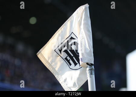 Birkenhead, Wirral, UK. 30th March, 2019. The Tranmere Rovers club badge on the corner flag during the EFL League Two match with Carlisle United at Prenton Park which Tranmere Rovers won 3-0.