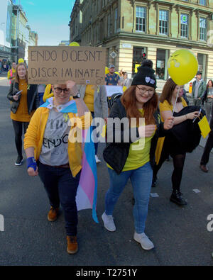 Glasgow, Scotland, UK 30th March, 2019.City centre saw a yellow river of colour as the march for endometriosis circled the city centre, part of a worldwide protest that has seen marches in other UK cites. Gerard Ferry/Alamy Live News Stock Photo