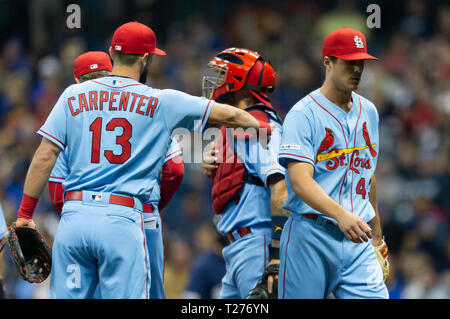 Milwaukee, WI, USA. 30th Mar, 2019. St. Louis Cardinals starting pitcher Dakota Hudson #43 leaves the game in the 5th inning of the Major League Baseball game between the Milwaukee Brewers and the St. Louis Cardinals at Miller Park in Milwaukee, WI. John Fisher/CSM/Alamy Live News Stock Photo