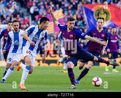 Barcelona, Spain. 30th Mar, 2019. FC Barcelona's Clement Lenglet (R) competes during a Spanish league match between FC Barcelona and RCD Espanyol in Barcelona, Spain, on March 30, 2019. FC Barcelona won 2-0. Credit: Joan Gosa/Xinhua/Alamy Live News Stock Photo