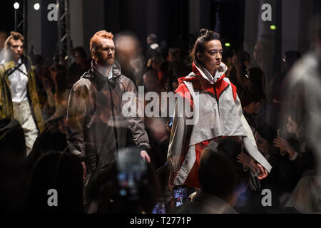 Moscow, Russia. 30th Mar, 2019. Models present creations by designer Ksenia Gerts during the Fashion Week Russia in Moscow, Russia, March 30, 2019. The fashion week would last from March 30 to April 3. Credit: Evgeny Sinitsyn/Xinhua/Alamy Live News Stock Photo