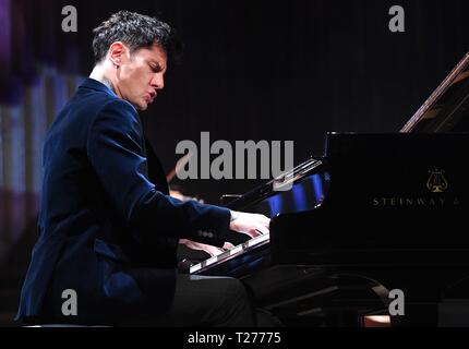 Zagreb, Croatia. 30th Mar, 2019. Croatian pianist Maksim Mrvica performs during a concert in the Vatroslav Lisinski Concert Hall in Zagreb, Croatia, March 30, 2019. Credit: Marko Lukunic/Xinhua/Alamy Live News Stock Photo