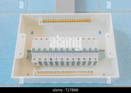 Soft blurred and soft focus of internal structure consumer unit, circuit breaker. Stock Photo