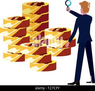 businessman with magnifier coins tacked vector illustration Stock Vector
