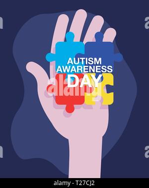 autism awareness day campaign hand with puzzles vector illustration Stock Vector