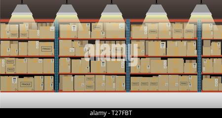 Warehouse interior with cardboard boxes on metal racks. Vector cartoon ...