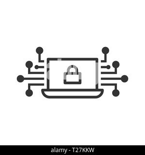 Cyber security icon in flat style. Padlock locked vector illustration on white isolated background. Laptop business concept. Stock Vector