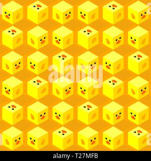 seamless pattern of isometric cubes with flat design cute duck face on orange background Stock Vector