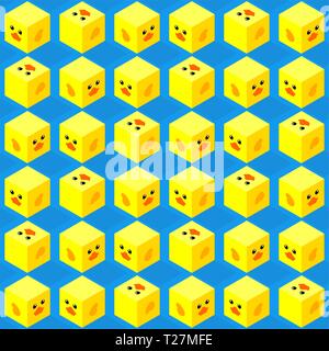 seamless pattern of isometric cubes with flat design cute duck face on blue background Stock Vector
