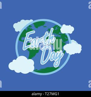 blue earth day typography with white outline at the background have earth with atmosphere and cloud. happy earth day, 22 april. earth day logo, earth  Stock Vector