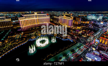 MARCH 2, 2019 - Las Vegas, Nevada, USA - Panoramic View of Las Vegas Nevada at night with neon from Paris Eifel Tower view spot Stock Photo